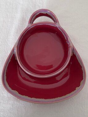 Pottery Soup and Cracker or Chip and Dip Bowl Red Glaze Excellent Condition